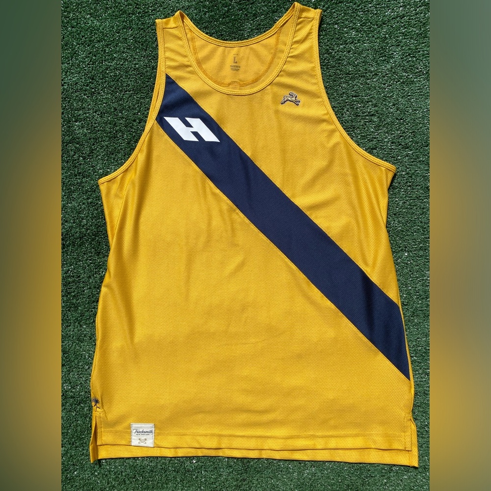 Tracksmith Hare A.C. Singlet Tank Top Gold with Navy Stripe Men’s Size Large